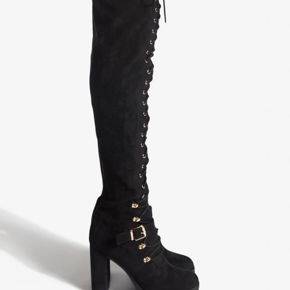 Black lace up thigh high heeled boots new!! Size 8 - Picture 4 of 4